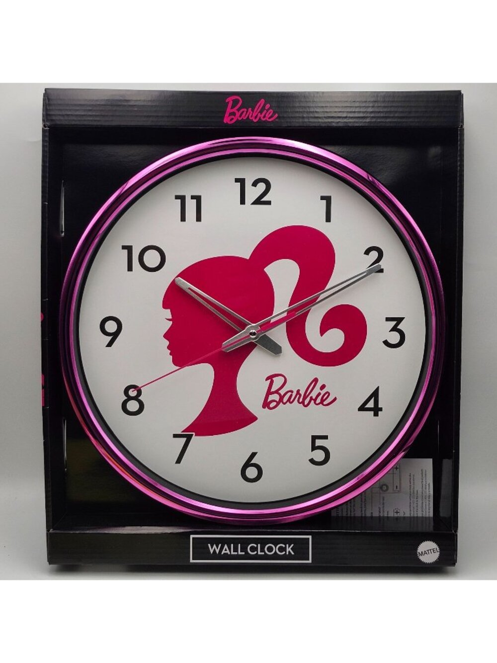 Barbie Pink Silhouette Script Chrome 12 Inch Round Wall Clock Mattel New In Box